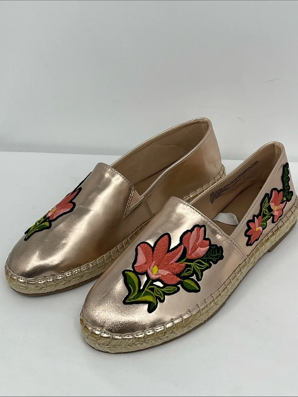 A NEW DAY Metallic Rose Gold Floral Appliqué Espadrille Slip-Ons WOMENS SIZE 8.5